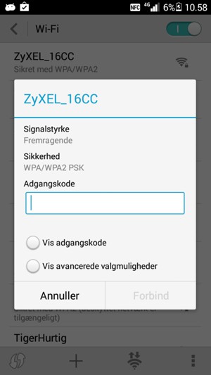 Indtast Wi-Fi adgangskoden og vælg Forbind