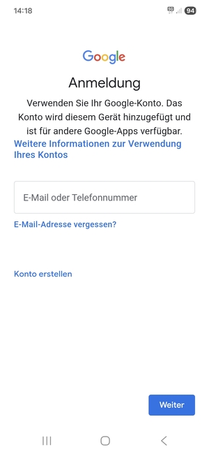 Geben Sie Ihre Gmail Adresse ein und wählen Sie Weiter