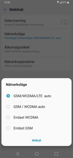 Välj Endast GSM för att aktivera 2G