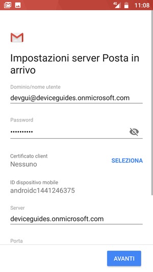 Inserisci Nome utente e l'indirizzo del server Exchange. Seleziona AVANTI