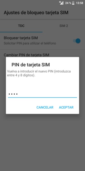 Confirme su nuevo PIN de tarjeta SIM y seleccione ACEPTAR