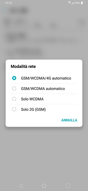Seleziona GSM/WCDMA automatico per abilitare 3G e GSM/WCDMA/4G automatico per abilitare 4G