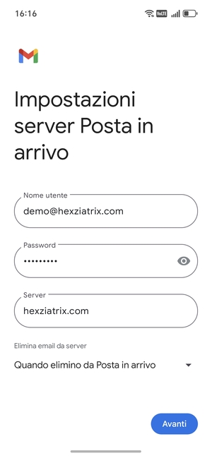 Inserisci Nome utente e l'indirizzo del server di posta in arrivo. Seleziona Avanti
