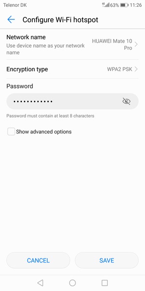 Enter a Wi-Fi hotspot password of at least 8 characters and select SAVE