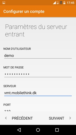 Saisissez votre NOM D'UTILISATEUR et l'adresse du serveur entrant. Sélectionnez SUIVANT
