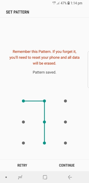 Draw an unlock pattern and select CONTINUE