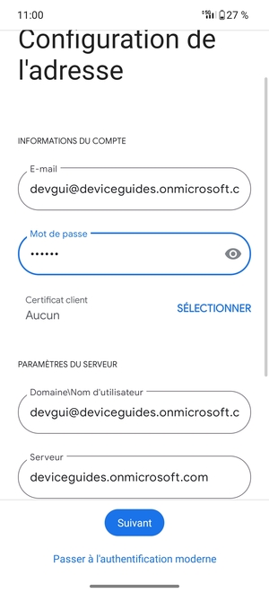 Saisissez votre Nom d'utilisateur et l'adresse du serveur Exchange. Sélectionnez Suivant