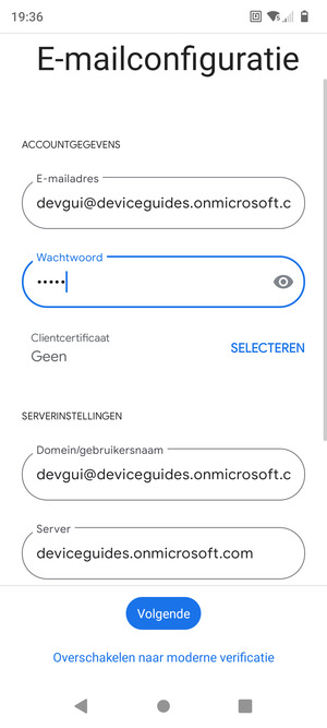 Voer Gebruikersnaam en Exchange serveradres in. Selecteer Volgende