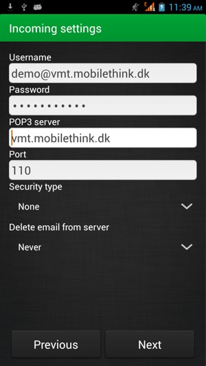 Enter Username and Incoming server address. Select Next