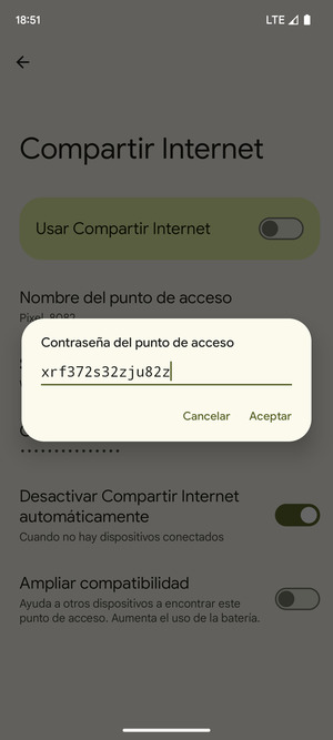 Introduzca una contraseña de punto de acceso Wi-Fi de al menos 8 caracteres y seleccione Aceptar