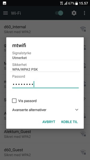 Skriv inn Wi-Fi-passord og velg KOBLE TIL