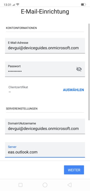 Geben Sie Benutzername und Exchange Server-Adresse ein. Wählen Sie WEITER