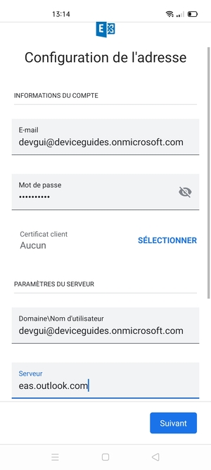 Saisissez votre Nom d'utilisateur et l'adresse du serveur Exchange. Sélectionnez Suivant
