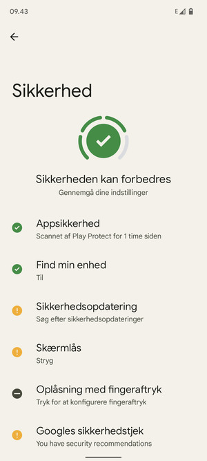 For at aktivere din skærmlås, gå til menuen Sikkerhed og vælg Skærmlås