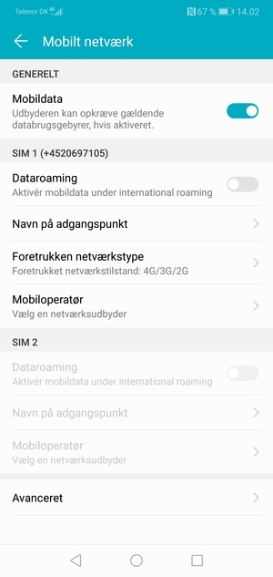 Scroll til SIM 1 eller SIM 2 og vælg Foretrukken netværkstype