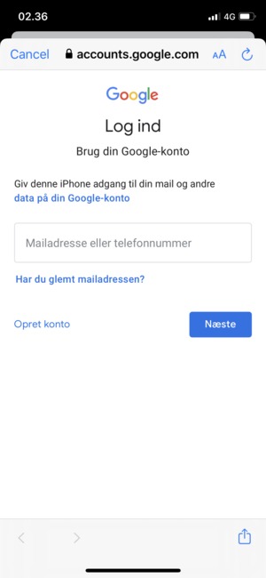 Indtast din e-mailadresse og vælg Næste
