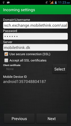 Enter Username and Exchange server address. Select Next