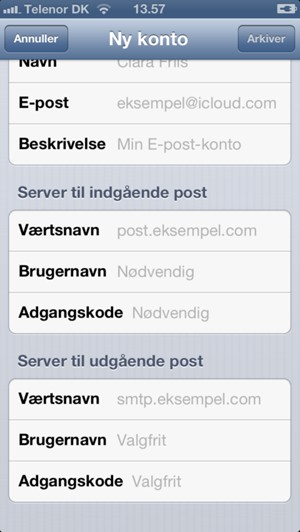 Indtast e-mail oplysninger for Server til udgående post og vælg Arkiver
