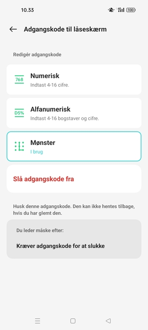 Din telefon er nu sikret med en skærmlås
