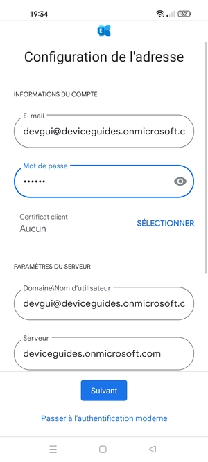 Saisissez votre Nom d'utilisateur et l'adresse du serveur Exchange. Sélectionnez Suivant