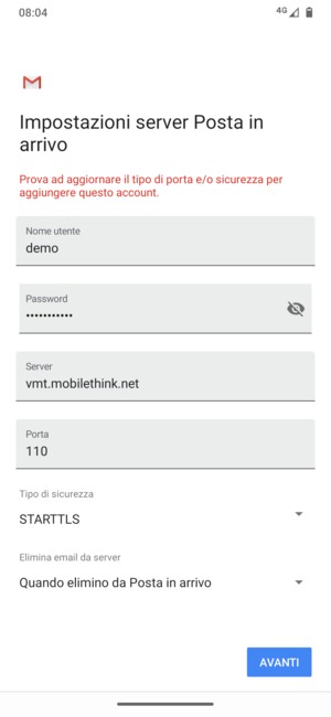 Seleziona Tipo di sicurezza