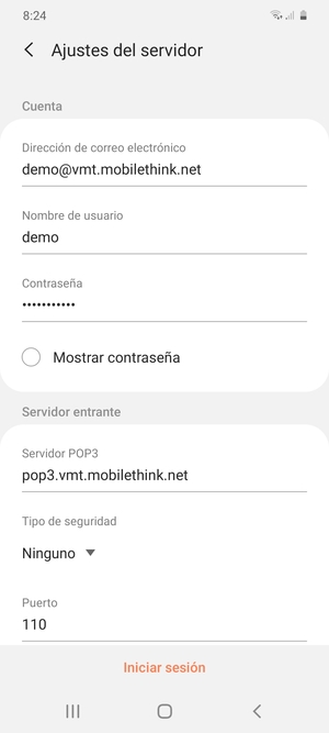 Introduzca Nombre de usuario y la dirección de servidor entrante
