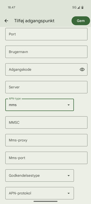 Scroll ned og indtast MMS-oplysninger