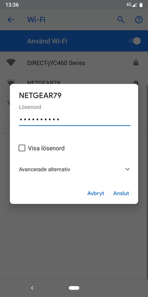 Ange lösenord till Wi-Fi och välj Anslut