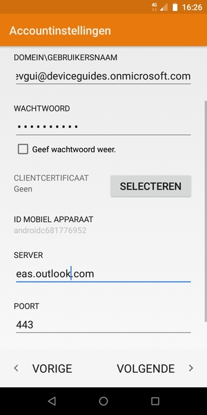 Voer Gebruikersnaam en Exchange serveradres in. Selecteer VOLGENDE