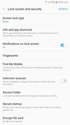 To activate your screen lock, go to the Lock screen and security menu and select Screen lock type