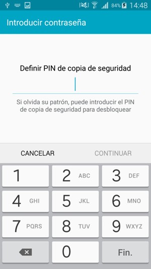 Introduzca un PIN de copia de seguridad y seleccione CONTINUAR