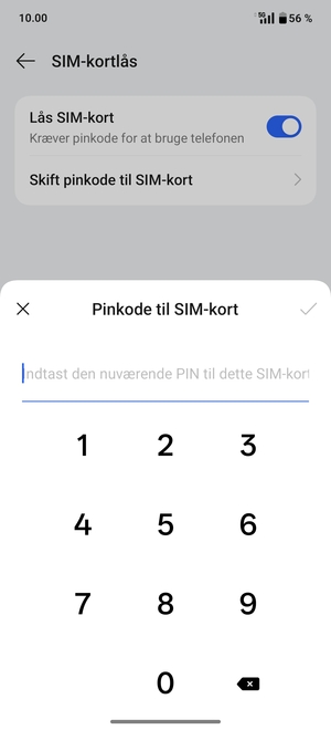 Indtast din Nuværende pinkode til SIM-kort og vælg OK