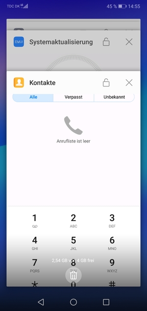 Wählen Sie das Symbol Löschen, um alle laufende Apps zu schließen