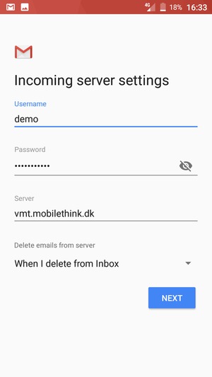 Enter Username and Incoming server address. Select NEXT