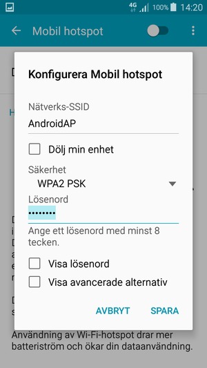 Ange ett lösenord för Wi-Fi-hotspoten, bestående av minst  8  tecken och välj  SPARA