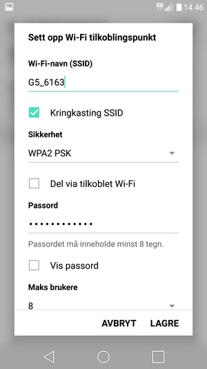 Skriv inn et passord på minst 8 tegn og velg LAGRE