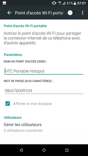 Saisissez un mot de passe d'au moins 8 caractères et activez Point d'accès Wi-Fi portable