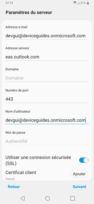 Saisissez l'adresse du serveur Exchange et le Nom d'utilisateur. Sélectionnez Suivant