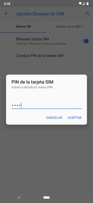 Confirme su nuevo PIN de tarjeta SIM y seleccione ACEPTAR