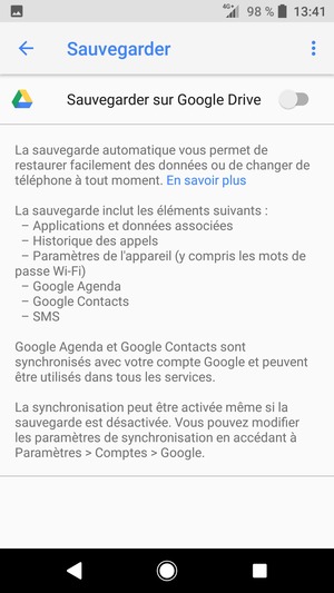 Activer le Sauvegarder sur Google Drive