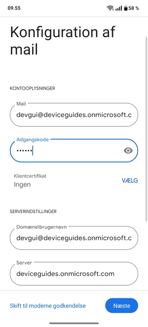 Indtast Brugernavn og Exchange serveradresse. Vælg Næste