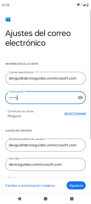 Introduzca Nombre de usuario y la dirección de servidor Exchange. Seleccione Siguiente