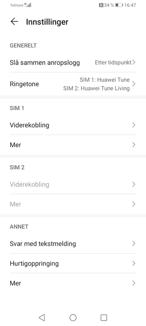 Bla til SIM 1 eller SIM 2 og velg Mer