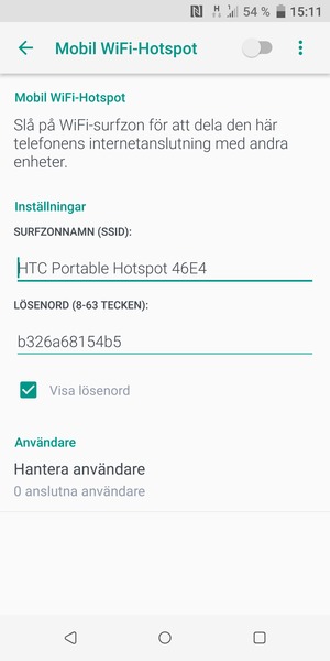 Ange ett lösenord för Wi-Fi-hotspoten, bestående av minst 8 tecken