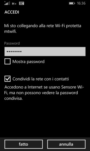 Inserisci la password del Wi-Fi e seleziona fatto