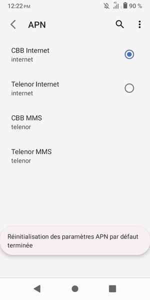 Votre téléphone va être réinitialisé avec les paramètres Internet et MMS par défaut