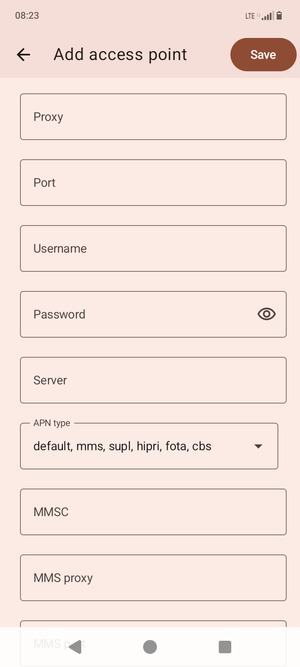Scroll to and select APN type