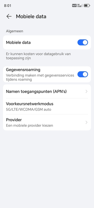Schakel Gegevensroaming in of uit