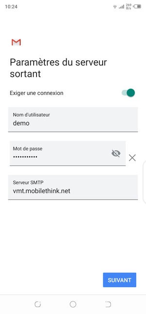 Saisissez l'adresse du serveur sortant