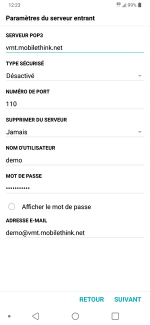 Saisissez l'adresse du serveur entrant et le Nom d'utilisateur. Sélectionnez SUIVANT